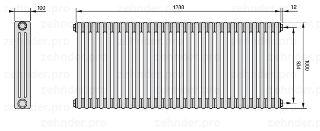 Схема (чертеж) Радиатор Zehnder Charleston 3100/28 №7610 Белый глянцевый RAL 9016